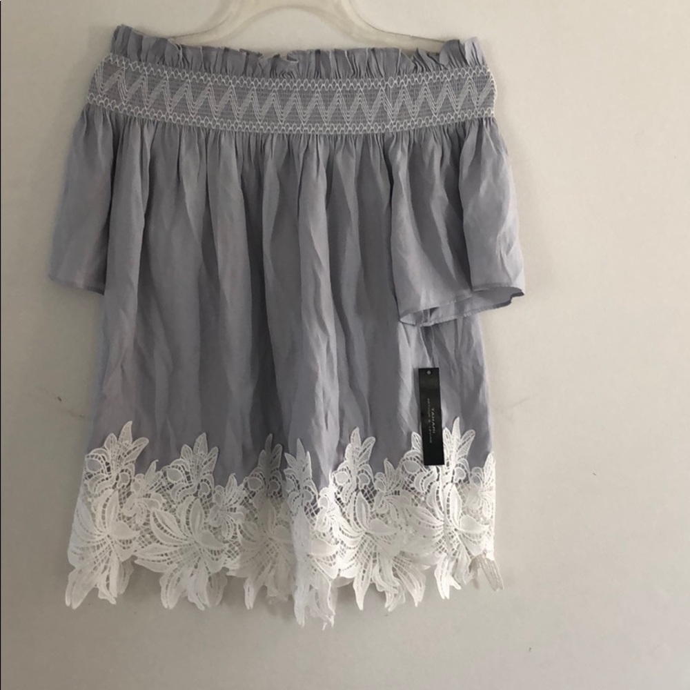 Tahari Blue Crochet Off-the-Shoulder Shirt Size XS
